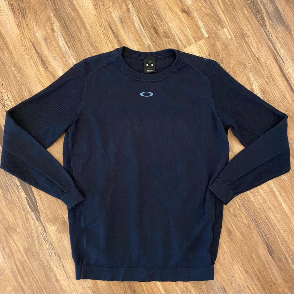 Mens Oakley sportswear big logo textured merino wool crew neck sweater sz L blue